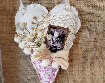 Heart Peg Hanger from Vintage Quilt with Antique Doily Accents OOAK 145404