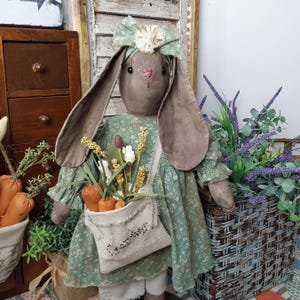 Handmade Primitive Folk Art Bunny Collector Girl Rabbit Doll with Carrot Bag  094326