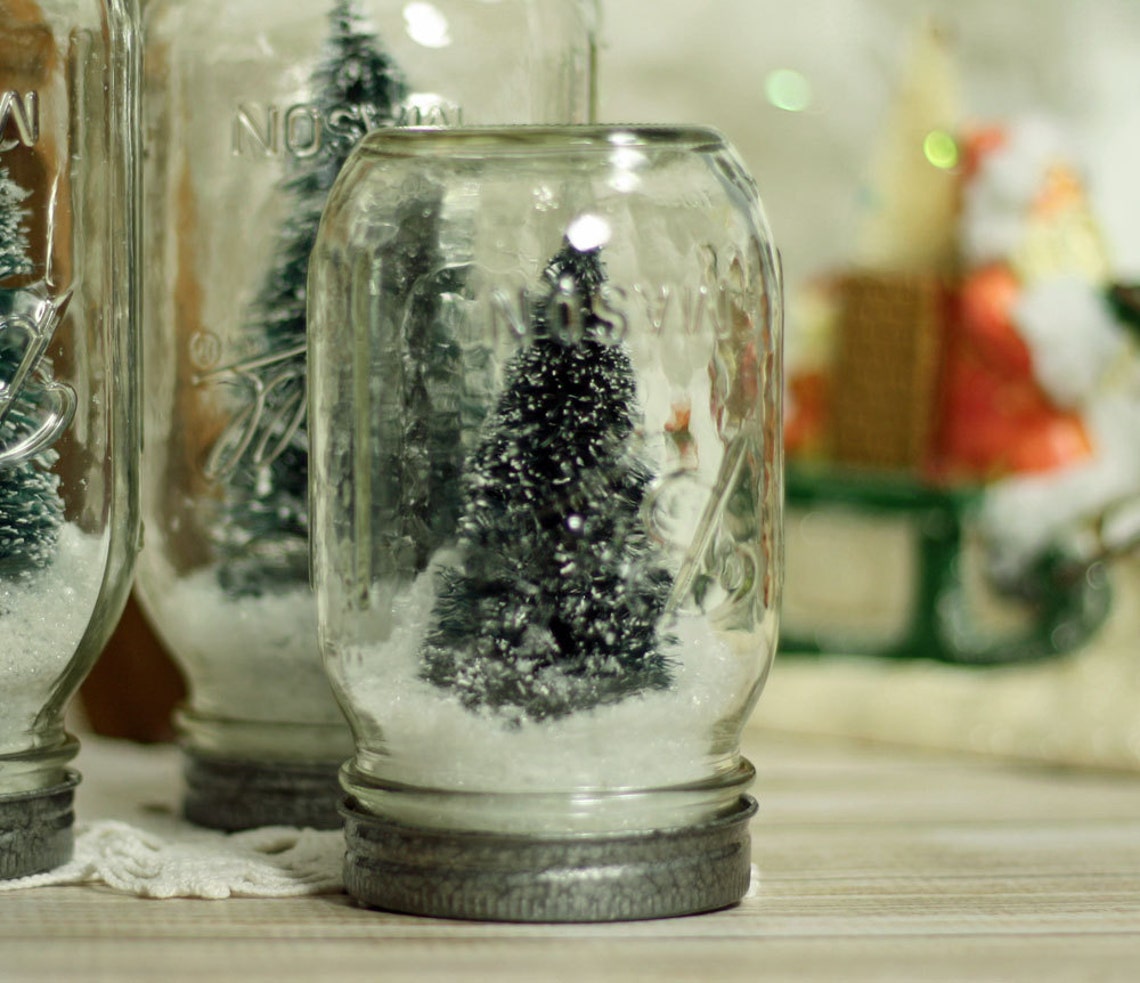 3 Ball Mason Jar Dry Snow Globe Bottlebrush Tree - Etsy