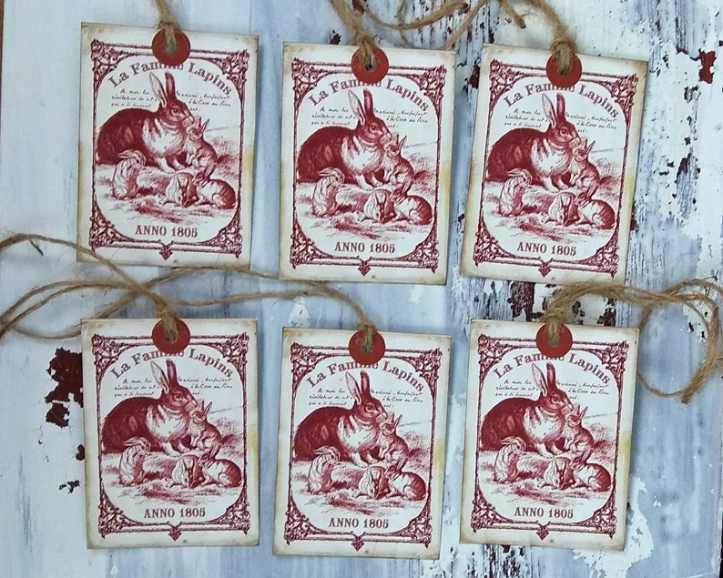 Anno 1805 Prim Rabbit Family Vintage Style Hang Tags Easter Spring Bunny Tag Rustic Set of 6 202001045 image 2