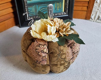 Fabric Pumpkin Cottage Core Style with dark Floral Vintage Silver stem and silver tendril