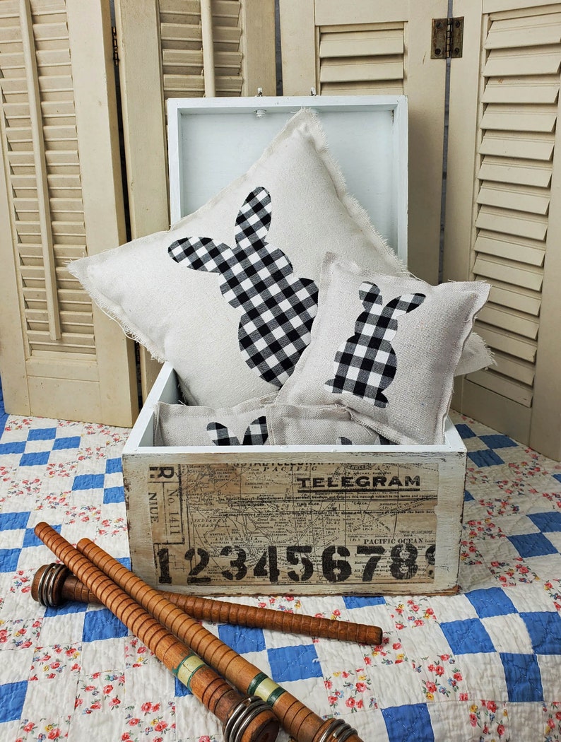 Black and White Buffalo Check Bunny Pillow Easter Spring Farmhouse Tiered Tray Decor Cottage Chic Shabby Style Mini 114134 image 1