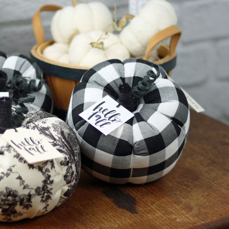 Fabric Pumpkin Buffalo Plaid Black and White Rustic Cottage Chic Fall Thanksgiving Centerpiece Wedding Table Decoration