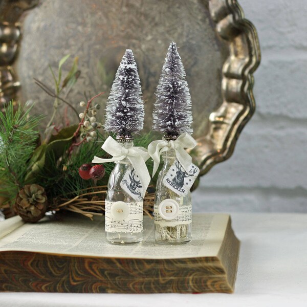 Vintage Style Bottle Brush Tree in old Bottle with Reindeer Tag