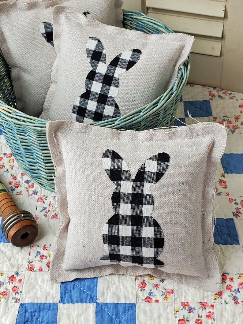 Black and White Buffalo Check Bunny Pillow Easter Spring Farmhouse Tiered Tray Decor Cottage Chic Shabby Style Mini 114134 image 5