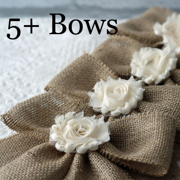 Small (7x9) Handmade Burlap Bows Flower Center Set of 5 Wedding Bow Set, Pew Bows, Chair Bows, Home Decor Burlap Bows