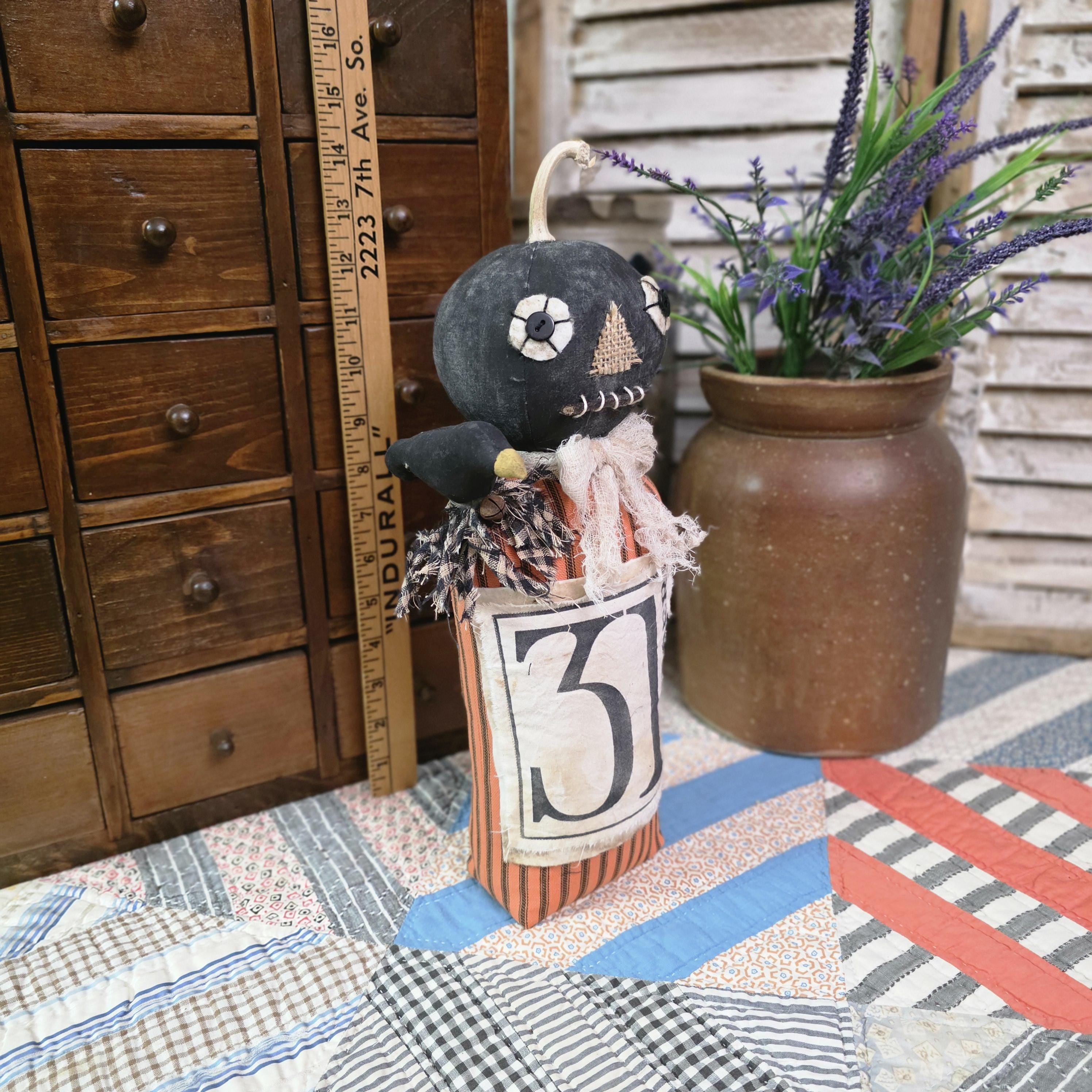 Primitive Black Pumpkin Doll With Crow, Handmade Folk Art Halloween ...