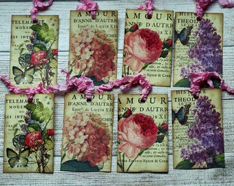 Antique Flower Ephemera Tags , vintage style Set of 8 for Journaling or Gift Tags, Spring, Summer