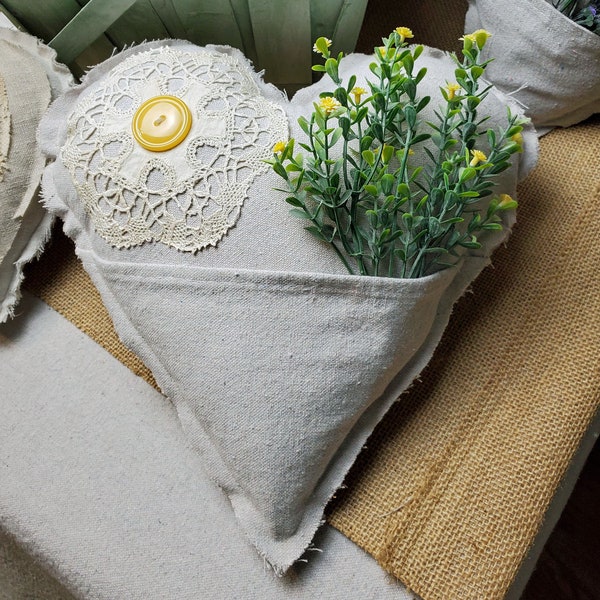 Floral Heart Pillow with Vintage Doily and Lace - Pocket filled with Yellow Flowers Farmhouse Cottage Core 163935