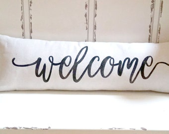 Welcome Pillow Lumbar Bench Long Narrow Cushion Handmade Hand painted Script words farmhouse style decor