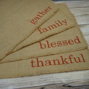 Thanksgiving Placemats Burlap Placemats 4 Reversible Placemats, Hand Painted Lettered Table Mats Farmhouse Decor Place Mats image 6