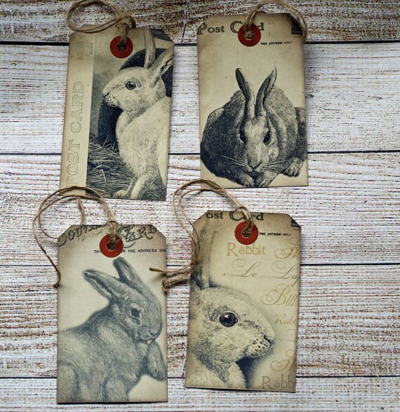 Bunny Gift Tag Prim Rabbit Vintage Style Hangtags Easter Spring Tag ...