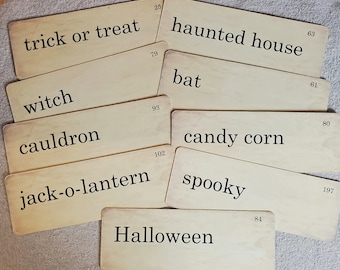 Halloween Flash Cards Distressed Vintage Style Set of 9 Large Size jack-o-lantern cauldron witch trick or treat haunted house bat candy corn