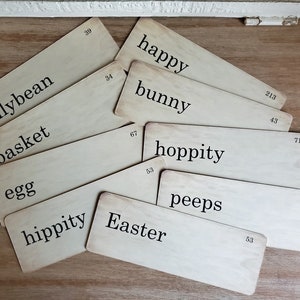 May include: A set of vintage-style cards with Easter-themed words like "happy", "bunny", "hoppity", "jellybean", "basket", "egg", "hippity", "Easter", and "peeps".