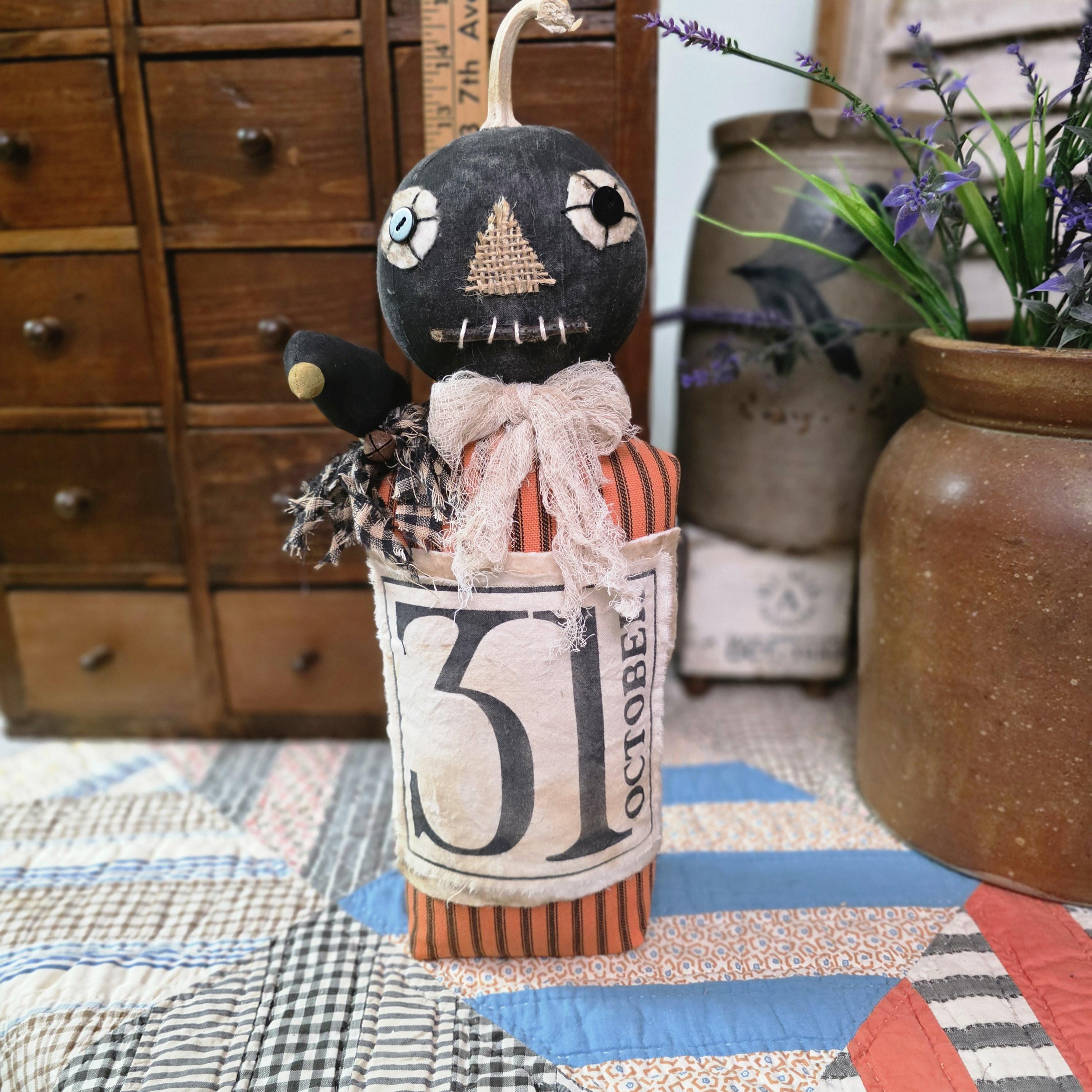 Primitive Black Pumpkin Doll With Crow, Handmade Folk Art Halloween ...