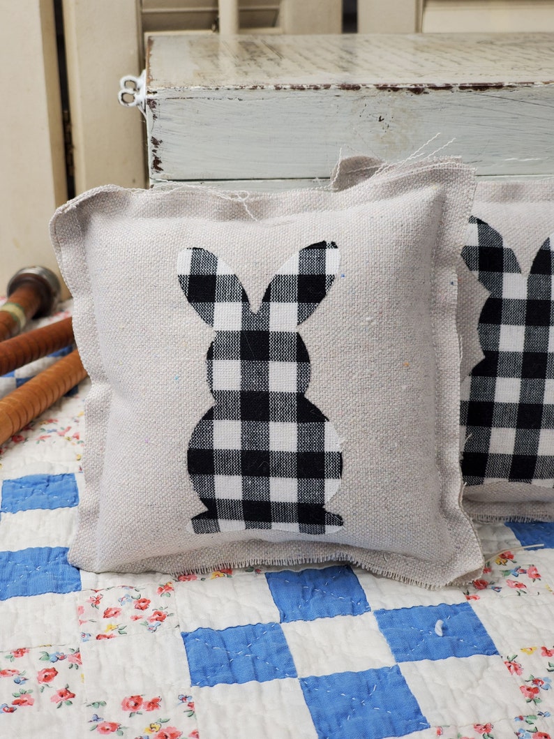 Black and White Buffalo Check Bunny Pillow Easter Spring Farmhouse Tiered Tray Decor Cottage Chic Shabby Style Mini 114134 image 3