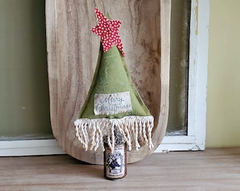 Painted Fabric Christmas tree with vintage / antique trims standing in rusted tin can, Merry Christmas 104000