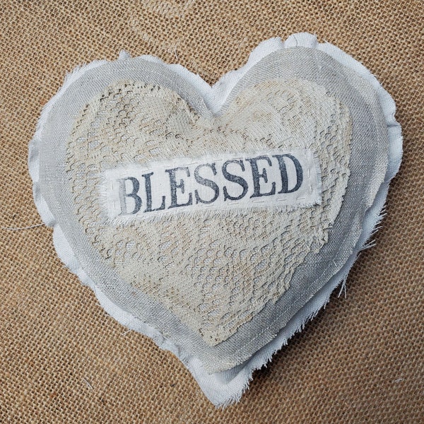 Heart Pillow BLESSED vintage lace farmhouse cottage core decor ornie tuck bowl filler 195701