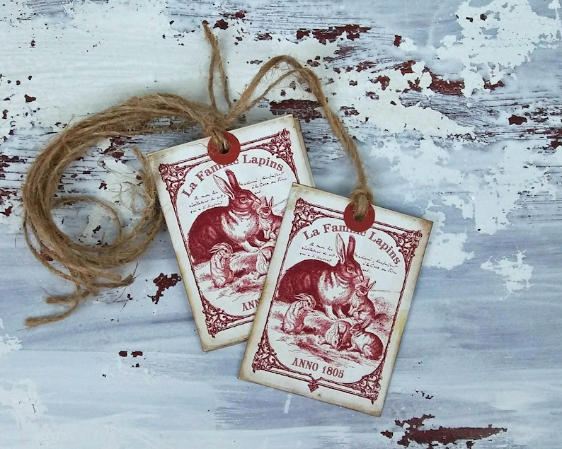 Anno 1805 Prim Rabbit Family Vintage Style Hang Tags Easter Spring Bunny Tag Rustic Set of 6 202001045 image 1