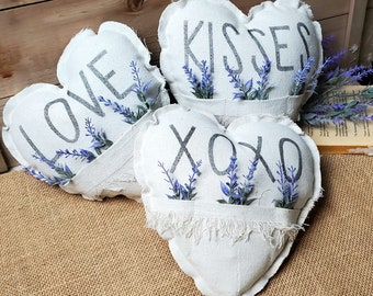 Lavender Heart Pillow LOVE, KISSES or XOXO Hugs and Kisses Mother's Day farmhouse cottage core ornie tuck bowl filler 151720