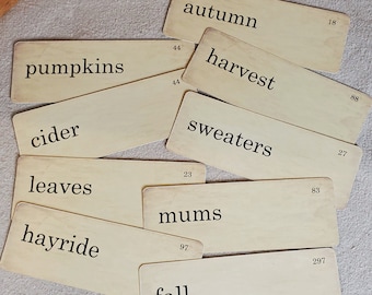 Fall Flash Cards Distressed Vintage Style Set of 9 Large Size hayride pumpkins cider leaves autumn harvest sweaters mums