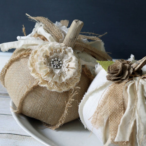 Burlap Pumpkin Shabby Cottage Chic Wedding Centerpiece Tattered Fall Decor Elegant Rustic Table Setting