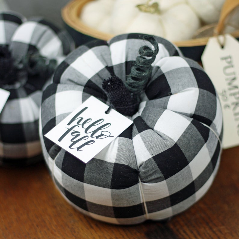 Fabric Pumpkin Buffalo Plaid Black and White Rustic Cottage Chic Fall Thanksgiving Centerpiece Wedding Table Decoration