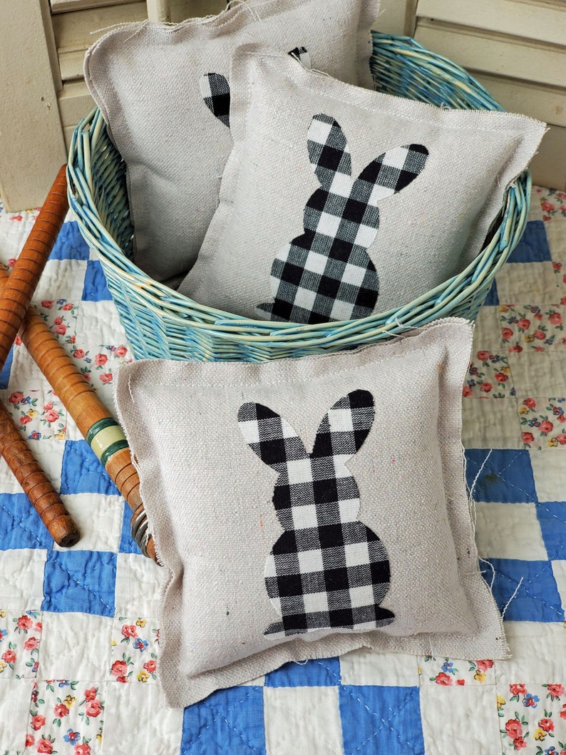 Black and White Buffalo Check Bunny Pillow Easter Spring Farmhouse Tiered Tray Decor Cottage Chic Shabby Style Mini 114134 image 4