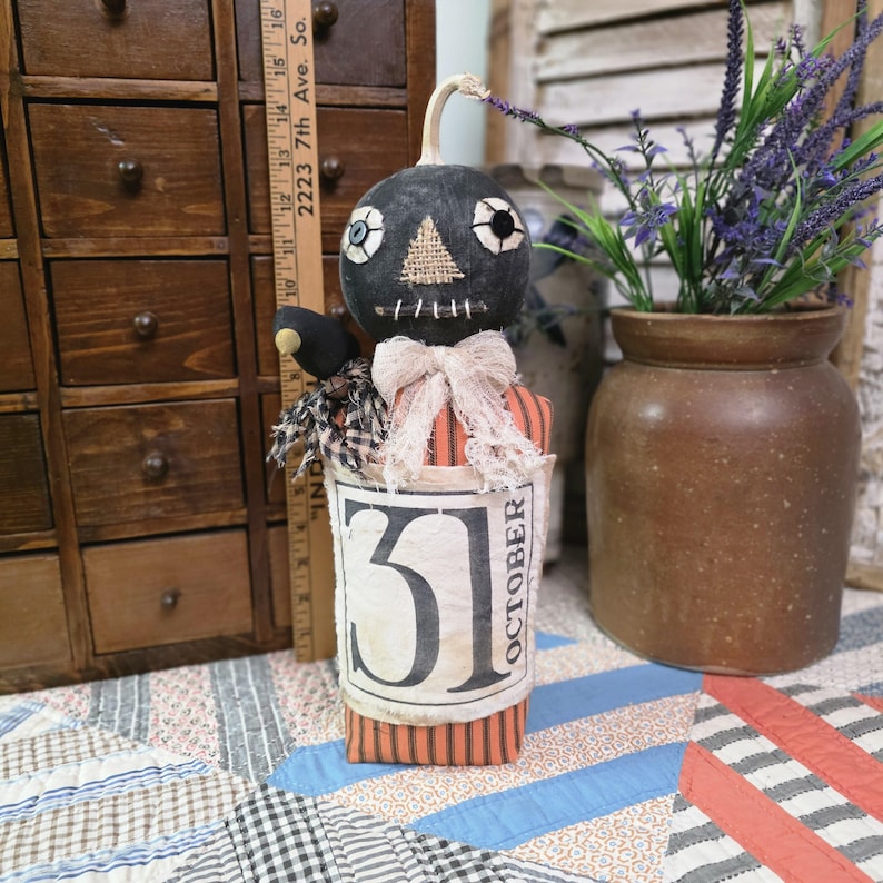 Primitive Black Pumpkin Doll With Crow, Handmade Folk Art Halloween ...