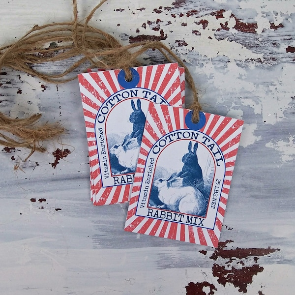 Easter Hang Tags Set of 6 Vintage Style Cottontail Rabbit Mix Feed Sack Label Hangtag Rustic Spring Bunny  (202001042)