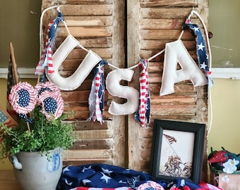 Handmade USA Banner – Primitive Americana Decor - Rustic Patriotic Garland – Farmhouse 4th of July Decoration