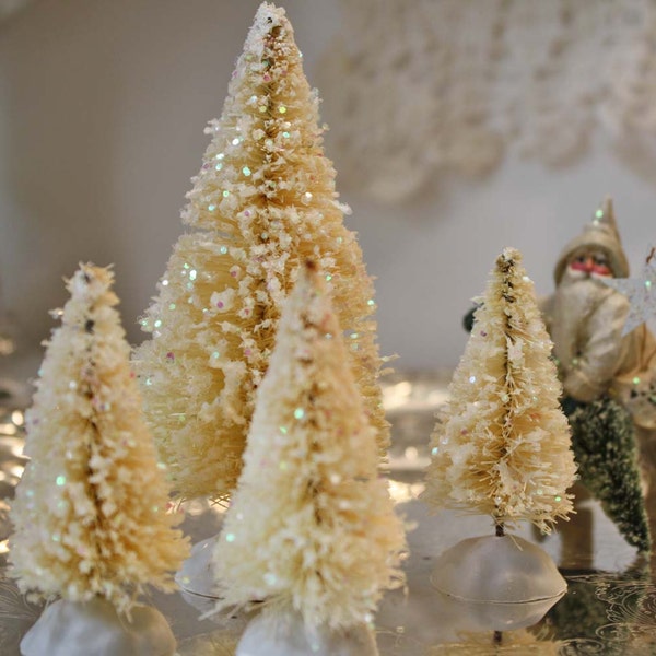 Bottlebrush Christmas Tree Set: 4 Ivory White Glitter Bottle Brush Trees