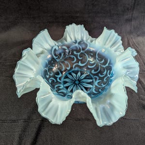Jefferson Glass Blue Opalescent Bowl “Meandor” Pattern