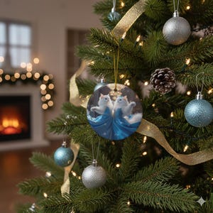 Dancing Cats Ceramic Christmas Ornament – Elegant Felines in Blue Gowns