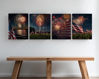 Impresión de fuegos artificiales del 4 de julio: arte mural con la bandera patriótica estadounidense (descarga digital)