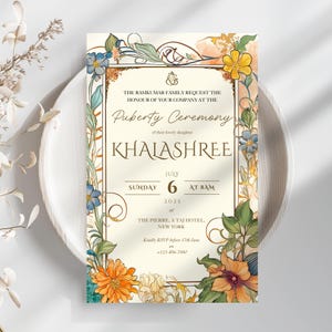 Uitnodiging halve Saree-ceremonie | Uitnodiging puberteitsceremonie | + Gratis budgetgids bewerkbare digitale sjabloon | Zuid-Indiase coming of age