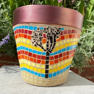 Mosaic Flower Pot, Southwest Sunset Featuring Saguaro Cactus & Joshua Tree