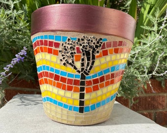 Mosaic Flower Pot, "Southwest Sunset", Joshua Tree, Saguaro Cactus