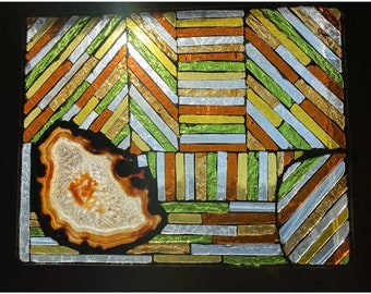 Art pour fenêtre en mosaïque, « Agate Improvisation II » - Vitrail, Agate sur verre, Abstrait
