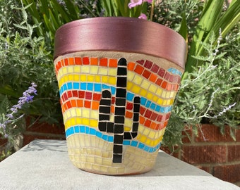 Mosaic Flower Pot, "Southwest Sunset", Joshua Tree, Saguaro Cactus