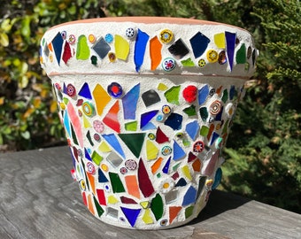 Mosaic Flower Pot, Small, Stained Glass, Millefiori, Mirror Tiles