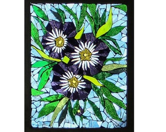 Mosaic Window Art, "Bush Morning Glories, Floral Stained-Glass Mosaic Window Art