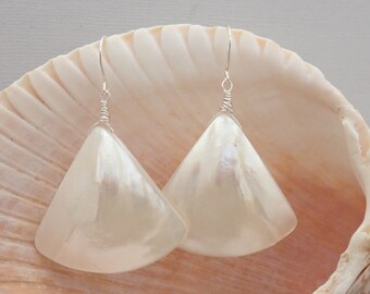 Light,  Bright and White-  Mother of Pearl  Earrings - Shell Earrings - Silver and White - Summer Style - Large Fan Earrings - Triangle