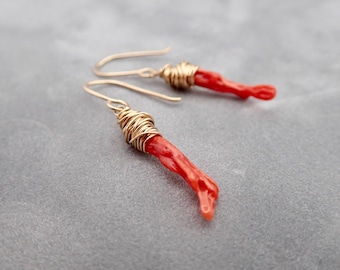 Simple Red Coral Earrings - Branch Coral - Red Drop Earrings - Dangles - Perfect Red - Italian Branch Coral - Red and Gold - Beach Lover