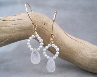 Fiery Moonstone Earrings - Tiny White Pearls - Fiery - Rainbow Moonstone - Birthstone Jewelry - June Birthday