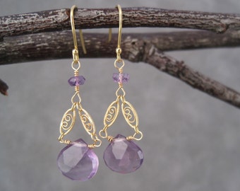 Amethyst Earrings - Purple - Earrings - February Birthstone - Birthstone Jewelry -Filagree Earrings- Gold- Dangle - Drops - Gold Chain