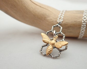 Bee Necklace -Honeycomb- Bee Jewelry -Nature Inspired - Silver and Gold - Bee Pendant - Royal