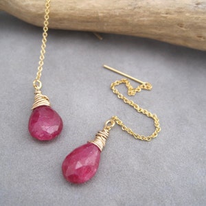 Ruby Earrings - Threader Earrings - Ruby Red - Long - Birthstone Jewelry - Ruby  Briolette