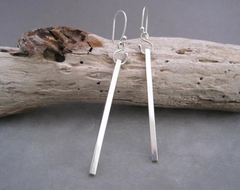 Hinged  Bar Earrings - Silver Long Stick - Contemporary Line - Square Wire - Original - One of a Kind - Silver Work - Sterling - Hinged