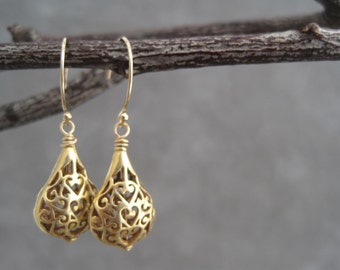 Gold Drop Earrings - Ethnic Inspired Detailed -Moroccan Arch - Arabesque Filagree - Cut out - Earrings - Dangle Earrings